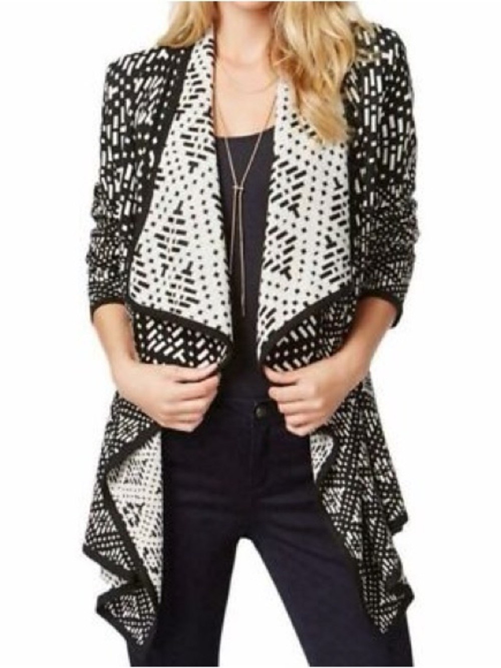 Bar III Women's Shawl Collar Asymmetric Hem Geometric Knit Cardigan Large Fall